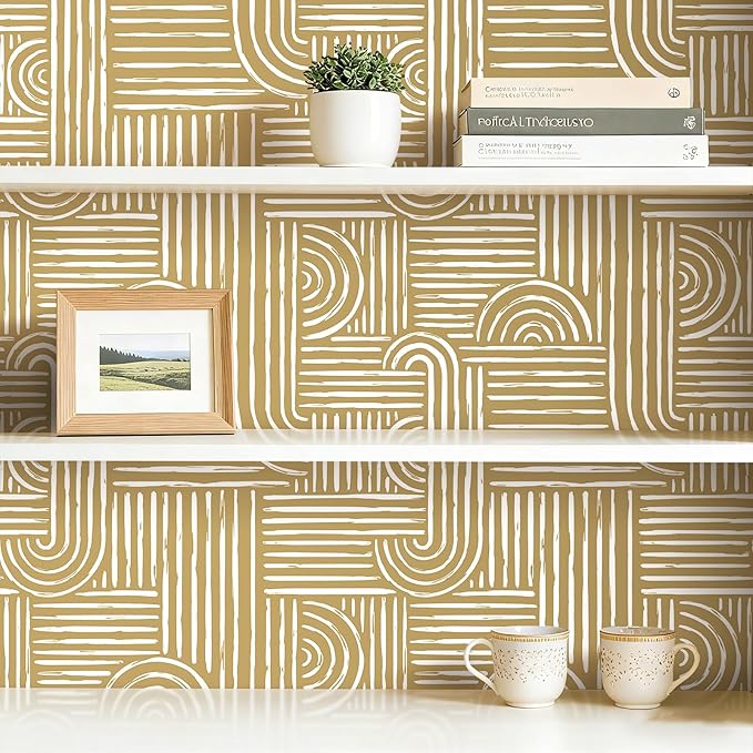 Livelynine 17.5x276 Abstract Modern Wallpaper Peel and Stick Mid Century Modern Geometric Wallpaper for Bathroom Cubicle Bedroom Accent Wall White Gold Contact Paper Drawers Cabinets Renter Friendly
