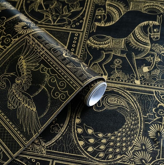 Erfoni 197"x17.7" Black and Gold Wallpaper Vintage Self Adhesive Peel and Stick Wallpaper Retro Animail Pattern Contact Paper DIY Stick and Peel Removable Wall Paper Decoration Bedroom Wall Vinyl Roll