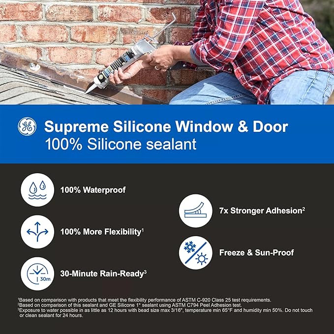 GE Supreme Silicone Caulk for Window & Door, Clear, 10 fl oz Cartridge, 1 Pack - 100% Waterproof Silicone Sealant, 7X Stronger Adhesion, Shrink & Crack Proof