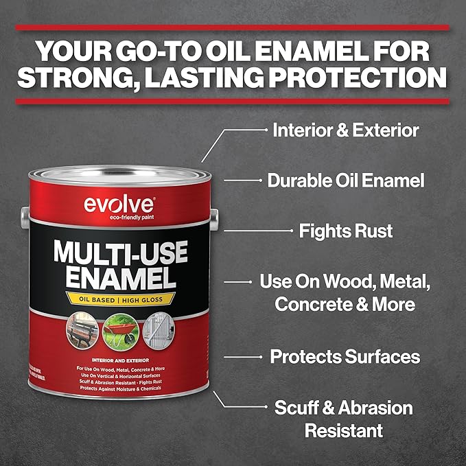 EVOLVE Multi-Purpose Alkyd Enamel – Interior Exterior Oil-Based Paint for Wood, Metal, Concrete, & Masonry, High-Gloss, Rust & Abrasion Resistant (Gloss Black, 1 Gallon)