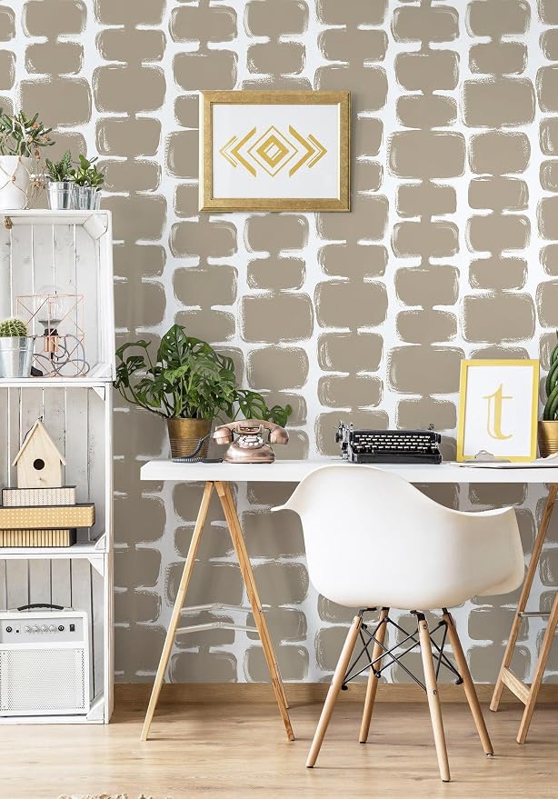 Safiyya Peel and Stick Wallpaper Mid Century Modern Abstract Contact Paper Geometric Wall Paper Self Adhesive Removable Wallpaper for Bathroom and Bedroom Vinyl 17.3"x78.7" Light Brown and White