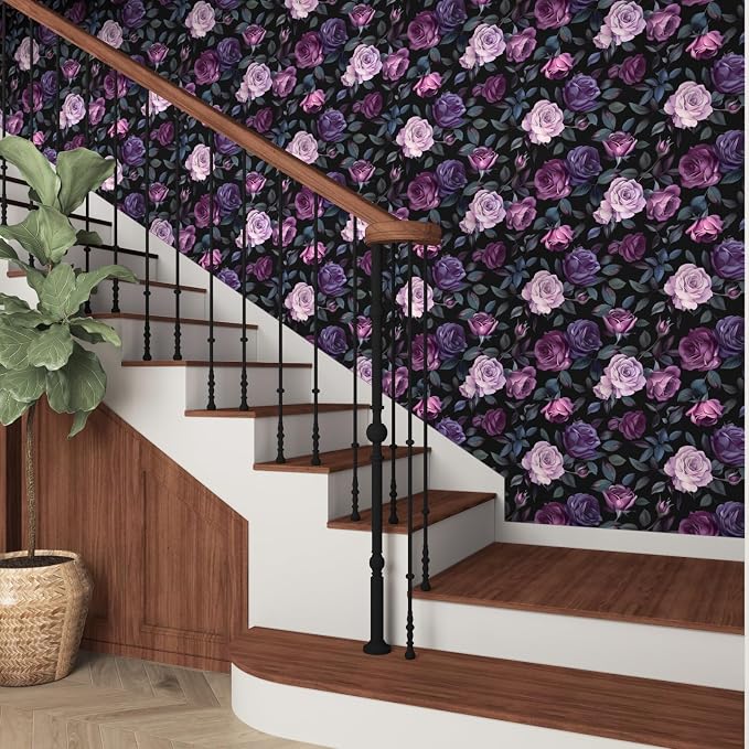 Vintage Dark Purple Rose Floral Peel and Stick Wallpaper 17.5"x118" | Self Adhesive/Removable/Waterproof/Thick Vinyl Contact Paper for Bathroom Bedroom Shelf Cabinet Drawer,Prepasted,Easy Peel