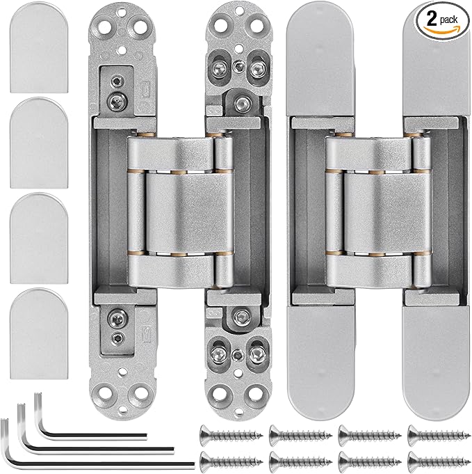 2Kits 7 inch Stainless Steel Hidden Door Hinges -Invisible Hinges for Doors, 180 Degree Swing Concealed Door Hinges, 3 Way Adjustable for Heavy Duty (‎Silver)