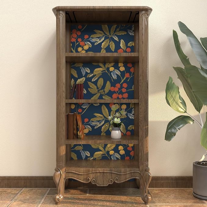 Navy Floral Leaf Vintage Green Wallpaper Peel and Stick 17.5"x118" | Self Adhesive/Removable/Waterproof/Thick Vinyl Contact Paper for Bathroom Bedroom Shelf Cabinet Drawer,Prepasted,Easy Peel