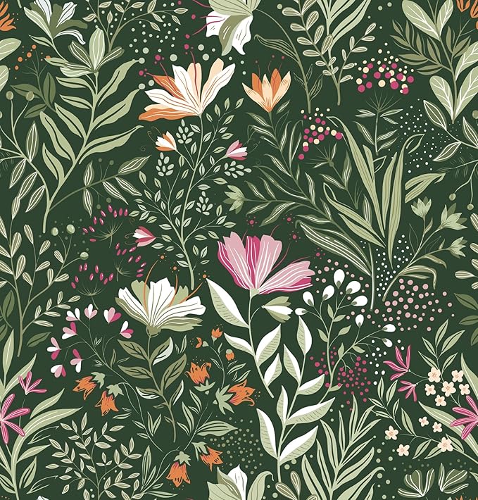 Fititem Green Floral Peel and Stick Wallpaper Boho Dark Vintage 17.3”×78.7” | Floral Self Adhesive Contact Paper Botanical Nature Removable Wildflower Wallpaper Waterproof Wallpaper for Bathroom Bedroom