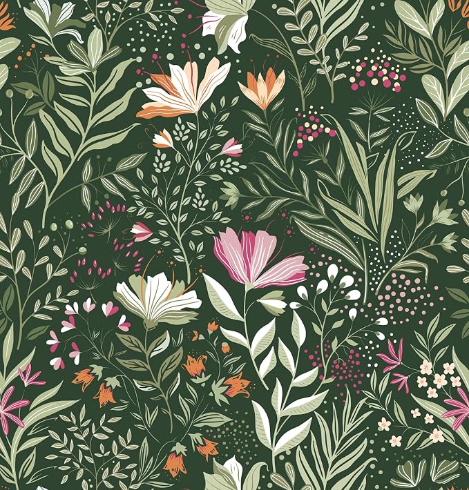 Fititem Green Floral Peel and Stick Wallpaper Boho Dark Vintage 17.3”×393” | Floral Self Adhesive Contact Paper Botanical Nature Removable Wildflower Wallpaper Waterproof Wallpaper for Bathroom Bedroom
