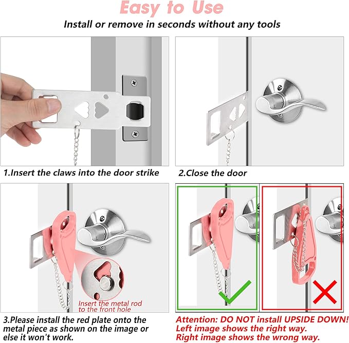 AceMining Portable Security Door Locker Travel Lockdown Locks for Additional Safety and Privacy Perfect for Traveling Hotel Home Apartment College-Pink(2 Pack)
