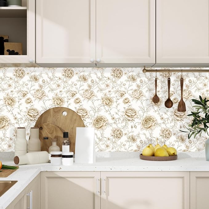 ILHIIOR Beige Floral Peel and Stick Wallpaper Boho Leaf Contact Paper White Flower Removable Self Adhesive Waterproof Wall Paper for Cabinet Drawers Wall Decor Renter Friendly 17.5''x118''