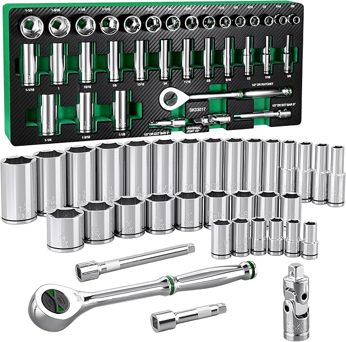 SK 1/2" Drive Socket Set with 160-P Ratchet, 34-Piece SAE Sockets | SuperKrome Finish, Premium CR-V Steel, Heat Treated, with EVA Foam Tool Organizer