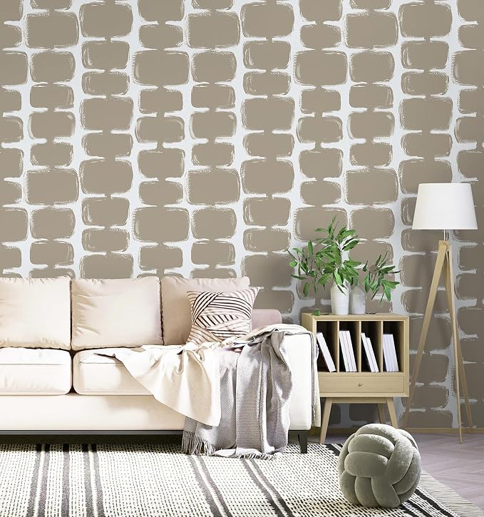 Safiyya Peel and Stick Wallpaper Mid Century Modern Abstract Contact Paper Geometric Wall Paper Self Adhesive Removable Wallpaper for Bathroom and Bedroom Vinyl 17.3"x78.7" Light Brown and White