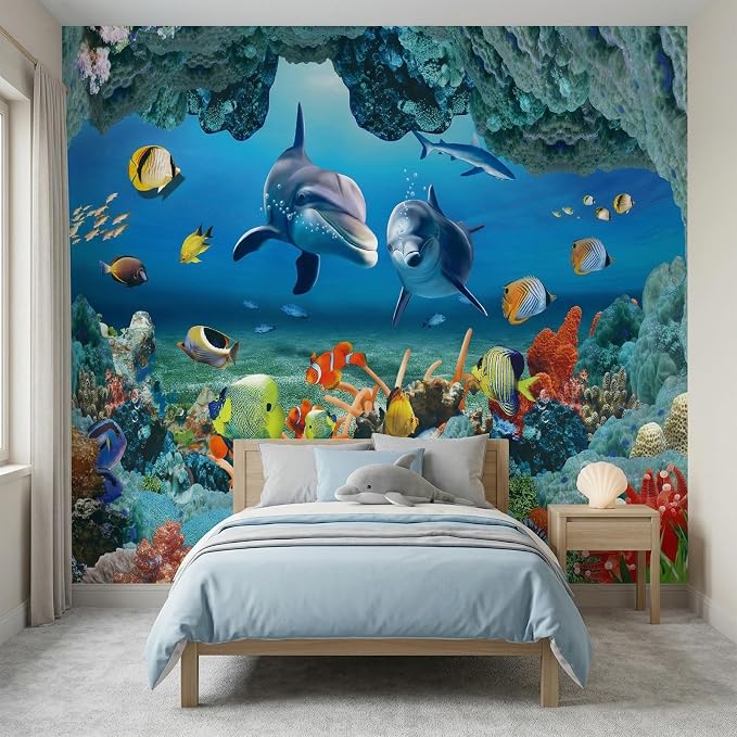 MFWFM Ocean Wallpaper Peel and Stick Underwater 3D Dolphin Wall Murals | 137"x96", for Bedroom Living Room Bathroom, Self Adhesive Canvas