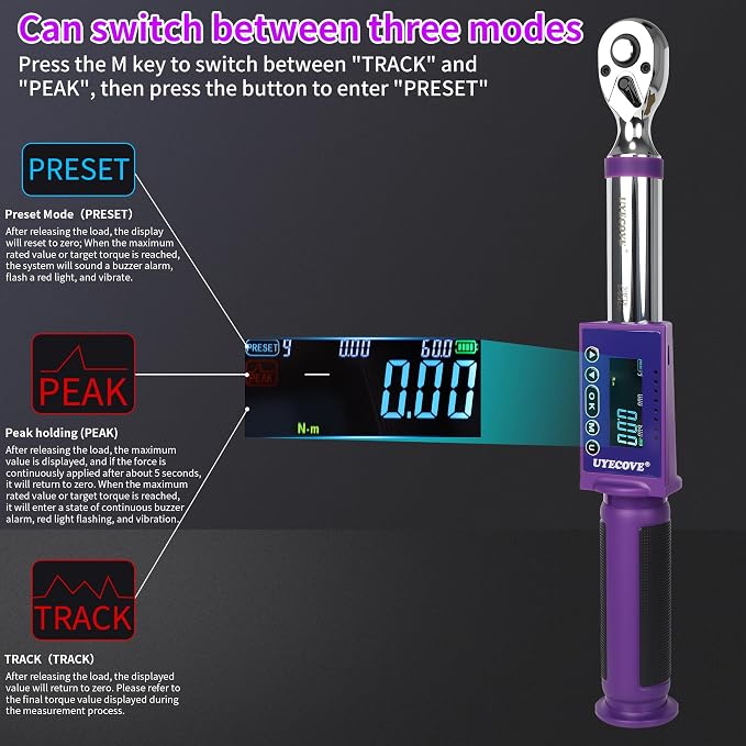 Digital Torque Wrench 3/8 Drive, (3.7-44.2 FT-LB/5-60N.M) ±2% High Accuracy Digital Torque Wrench, With Vibration, Buzzer and LED Alert