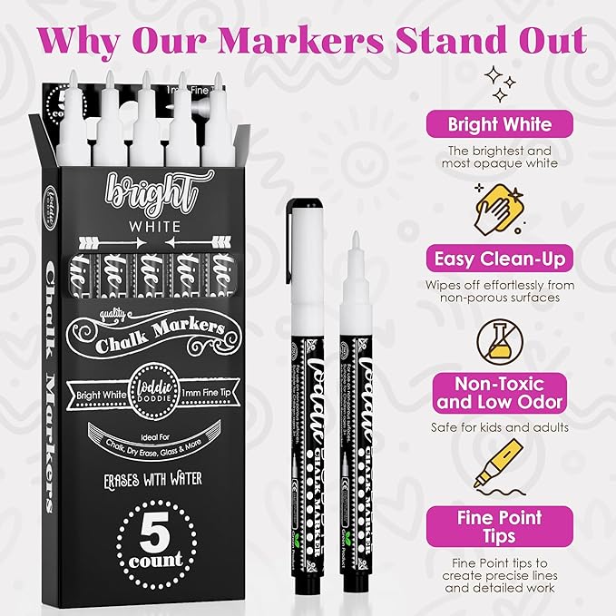 Loddie Doddie Liquid Chalk Markers - Pack of 5, 1 mm Tip, White - Fine Tip Chalk Pen for Glass Surfaces - Washable Car Window Markers - Erasable Ink for Chalkboard Calendar