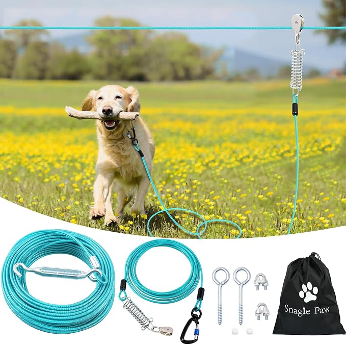 Snagle Paw Dog Runner for Yard,Heavy Duty Trolley System for Large Dogs,Dog Tie Out Run Cable,Zip line 100ft with 10ft Pulley Runner Line for Dogs Up to 250lbs for Yard or Camping