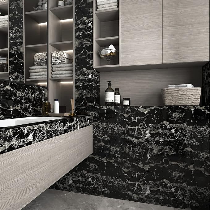 Black Marble Contact Paper Peel and Stick Countertop Waterproof Vinyl Film Glossy Marble Wallpaper Removable Self-Adhesive Counter Top Wrap for Kitchen Bathroom Sink Table Covers 16x118 inch