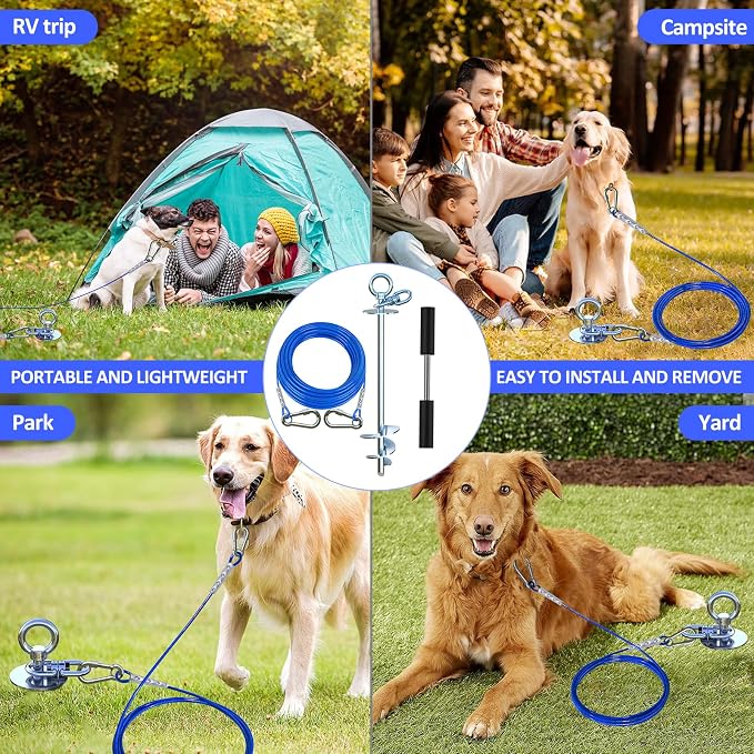 TOPKNOT Dog Tie Out Cable and Stake,with 20FT Heavy Duty Cable,360°Swivel Dog Run- No Tangle,Runner for Yard R- Up to 150LBS,Ideal for Outdoor Camping