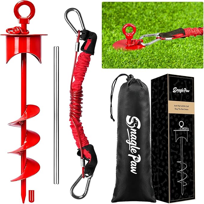 Snagle Paw Dog Tie Out Stake with Lock-Cap up to 360 Lbs,Heavy Duty Dog Stakes for Outside/Yard/Camping with Buffer Spring,360°Swivel Rust Proof Ground Anchor for Dog Cable,Leash,Chain