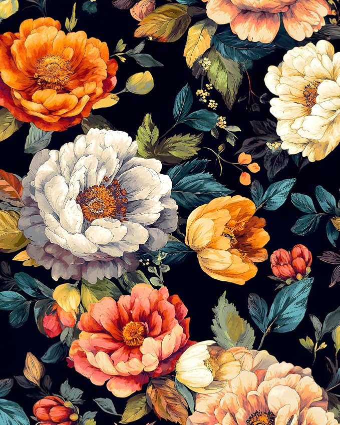 BOKEBEVE Floral Wallpaper Peel and Stick Boho Colorful Black 17.5 x 118In | Removable Self Adhesive Renter Friendly Vintage Floral Wall Paper for Bedroom Bathroom Cabinet Drawer Feature Accent Wall