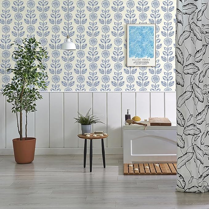 Wudnaye Blue Floral Peel and Stick Wallpaper Blue and White Contact Paper 17.7in×196.8in Vintage Floral Self Adhesive Wallpaper Navy Removable Tulip Wall Paper Waterproof for Bathroom Farmhouse Decor