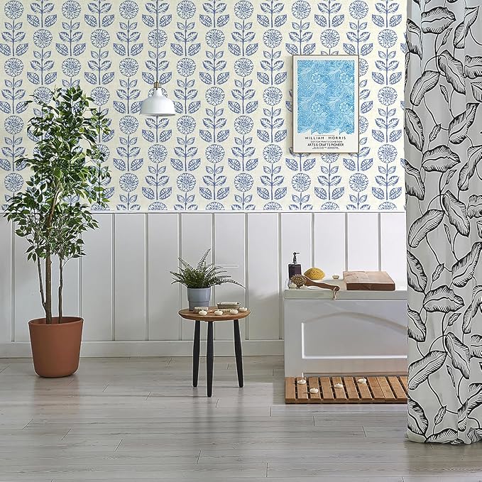 Wudnaye Blue Floral Peel and Stick Wallpaper Blue and White Contact Paper 17.7in×118in Vintage Floral Self Adhesive Wallpaper Navy Removable Tulip Wall Paper Waterproof for Bathroom Farmhouse Decor
