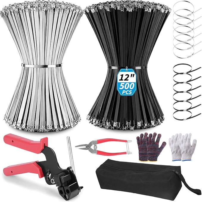 500PCS Metal Zip Ties Gun Kit, 12 Inch Heavy Duty Metal Zip Ties, Multi-Purpose Self-Locking Cable Tie Tool Set for Vehicles Farms Plants Fences Pipe Bundling, Scissors（Silver Black）