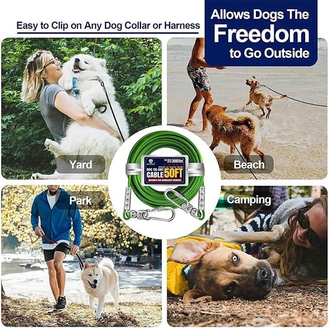 Tie Out Cable for Dogs Up to 300lbs,50ft Extra Strong 1000lbs Break Strength Tie-Out Tether Trolley Training Lead,Dog Run Cable for Yard Garden Park Camping Outside (Green, 300lbs 50ft)