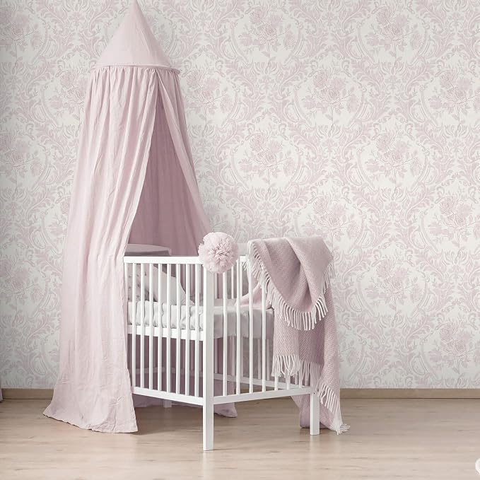 Ismoon Peel and Stick Wallpaper Vintage Floral Contact Paper Boho Watercolor Pink Damask Wallpaper Textured Removable Self Adhesive Vinyl Wall Paper for Bedroom, 17.3 in X 6.5 ft