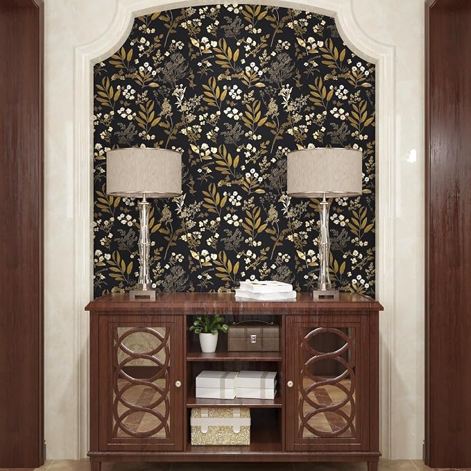 Laatse Vintage Wallpaper Peel and Stick Black Floral Wallpaper 17.5'' x 393'' Gold Leaf Contact Paper Vinyl Waterproof Self Adhesive Boho Botanical Wall Paper for Bedroom Shlef Cabinet Décor