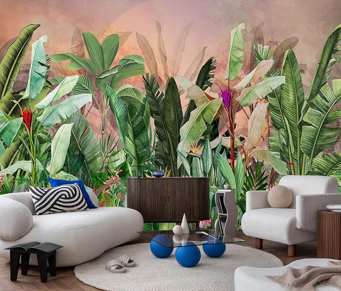 Jdayda Tropical Green Banana Leaves Wallpaper Mural Botanical Plant Large | 127"x96" Not-Self-Adhesive Wall Mural for Livingroom Bedroom