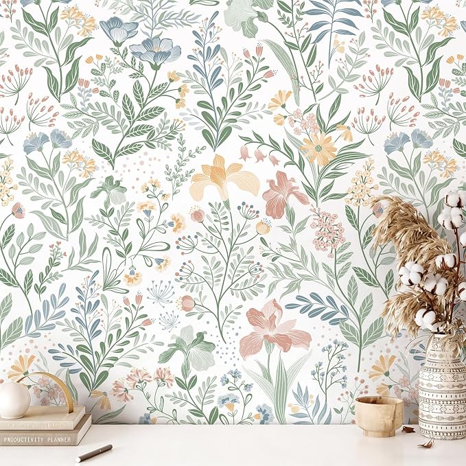 Fititem Floral Peel and Stick Wallpaper Boho Nature Wall Paper 17.3”×197” | Self Adhesive Floral Contact Paper Cabinet Flower Modern Wildflower Wallpaper Removable Waterproof Wallpaper Bathroom Bedroom