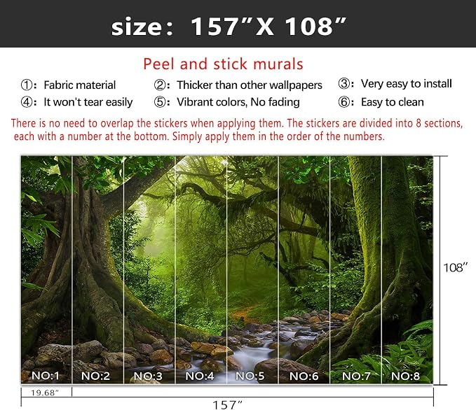 YIHWM-Peel and Stick Green Forest Wallpaper Landscapes Woodland Tree Mural | Tear-resistant,with a substantial feel;Will not be damaged during repositioning.Bathroom,Bedroom wallpaper.XL-157"x108"