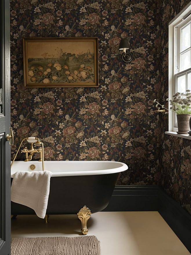 Dimoon Vintage Peel and Stick Wallpaper Dark Blue Floral Contact Paper 16.1"x393" Retro Victorian Dark Academia Wallpaper for Bedroom Moody Cottage Core Wall Paper Removable Waterproof Vinyl Roll