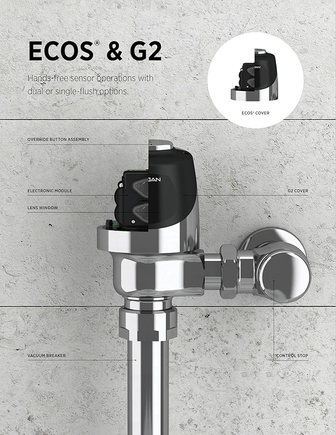 Sloan G2 Optima Plus 8180 Exposed Sensor Urinal Flushometer, 1.0 GPF Flush Valve - Single Flush, Fixture Connection Top Spud, Battery Powered Infrared Sensor, Polished Chrome Finish, 3250406