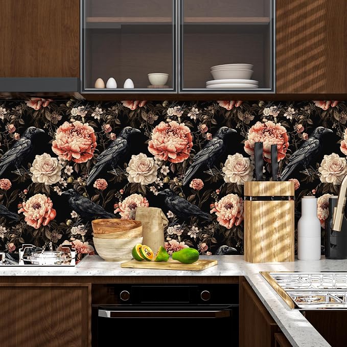 ILHIIOR Black Crow Floral Peel and Stick Wallpaper 17.5 x 118 Inches | Leaf Removable Self Adhesive Waterproof Contact Paper, Renter Friendly Decor for Cabinets, Drawers & Bedroom Walls
