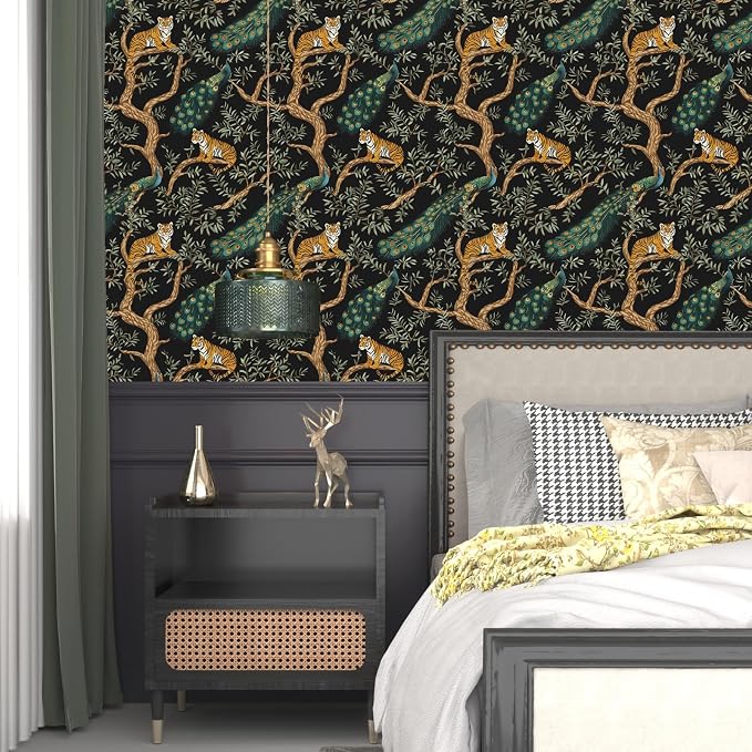Black Vintage Peacock Tiger Peel and Stick Wallpaper 17.5" x 197" | Waterproof Vinyl Self Adhesive Removable Renter Friendly Floral Contact Paper