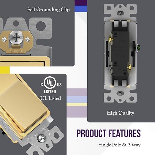 ENERLITES Elite Series Decorator Switch with Screwless Wall Plate, Paddle Light Switch, 3-Way or Single Pole, 3 Wire, Grounding Screw, Residential Grade, 15A 120V, UL Listed, 93150-GDWP5P (5 Pack)