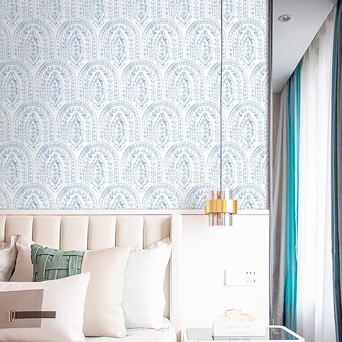 EeeComing Blue Peel and Stick Wallpaper Boho Wall Paper Peel and Stick Modern Contact Paper Self Adhesive Wallpaper for Bedroom and Bathroom Removable Cabinet Shelf Liner Vinyl 17.3”X393”
