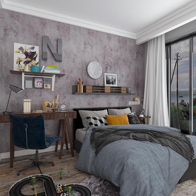 BOMENG Purple Cement Industrial Wallpaper Concrete Peel and Stick Silver Metallic Wall Paper，Extra Wide Contact Paper for Countertops、Basement，Hotel Lobby, Living Room, Bar 31.5"x354"