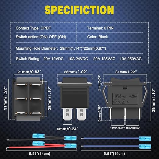 Nilight 6Pin Momentary Polarity Reverse Switch On Off On DPDT 3 Position 20A 12VDC 125VAC Motor Control Automatic Reset for Boat Automotive RV Jack Power Toggle w/Jumper Wire