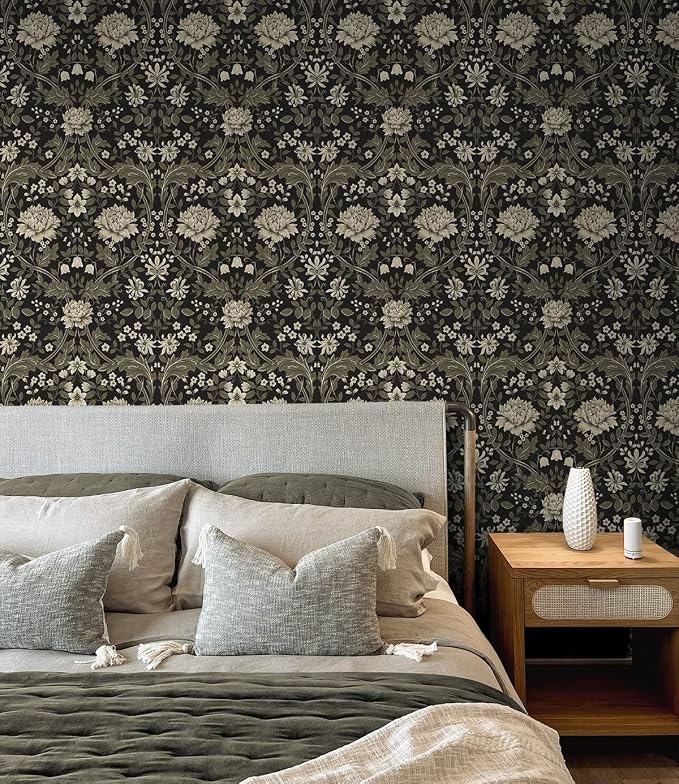 NextWall Honeysuckle Trail Floral Vintage Peel and Stick Wallpaper (Ebony & Pavestone)