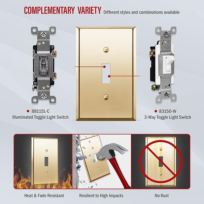 ENERLITES Toggle Light Switch Metal Wall Plate, Stainless Steel Switch Cover, Corrosion Resistant, Mid-Size 1-Gang 4.88" x 3.11", Stainless Steel 201, 7711M-PB, Polished Brass