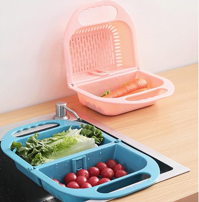 Draining rack Multifunctional Foldable Drain Basket Thickened Plastic Sink Filter Basket Kitchen Hanging Fruit and Vegetable Storage Basket for Washing Pasta Fruit Sink Strainer Basket(B)