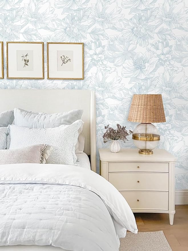 Ismoon Large Floral Peel and Stick Wallpaper Boho White and Blue Contact Paper 17.3inx32.7ft Modern Wall Paper Removable Self Adhesive Vinyl Wallpaper for Bedroom Cabinet Waterproof Mural Wall Decor