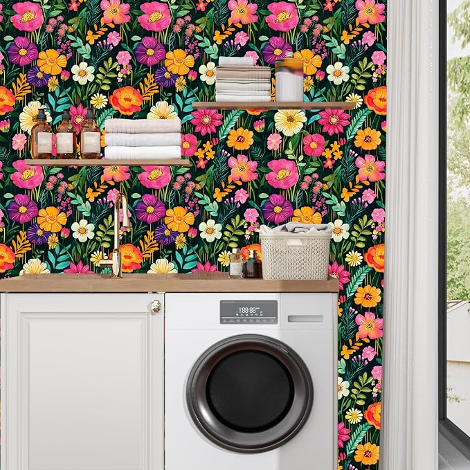 BOKEBEVE Floral Wallpaper Peel and Stick Boho Green Colorful 17.5 x 78.5In | Removable Self Adhesive Renter Friendly Vintage Flower Wall Paper for Bedroom Bathroom Living Room Feature Accent Wall