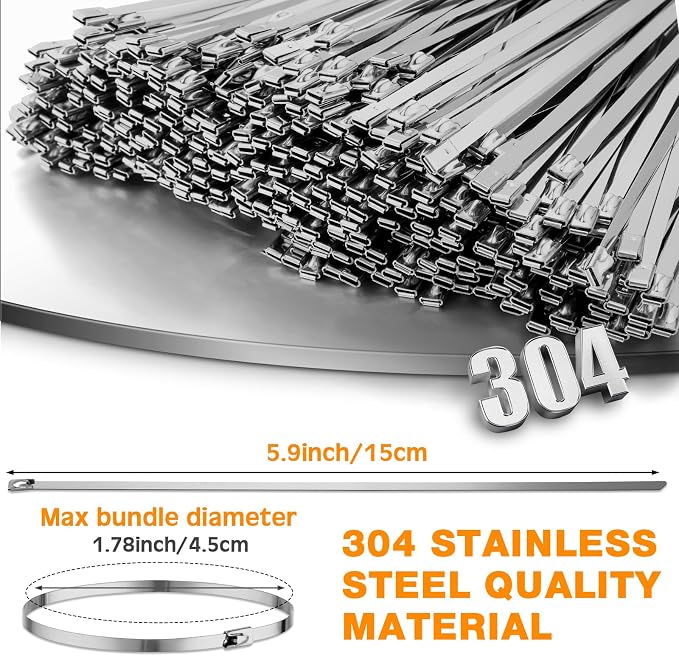 Therwen 1000 Pcs Metal Zip Ties Heavy Duty 304 Stainless Steel Multi Purpose Self Locking Cable Ties for Exhaust Machinery Fence Farm Pipe Roof Outdoor (5.9 Inch)
