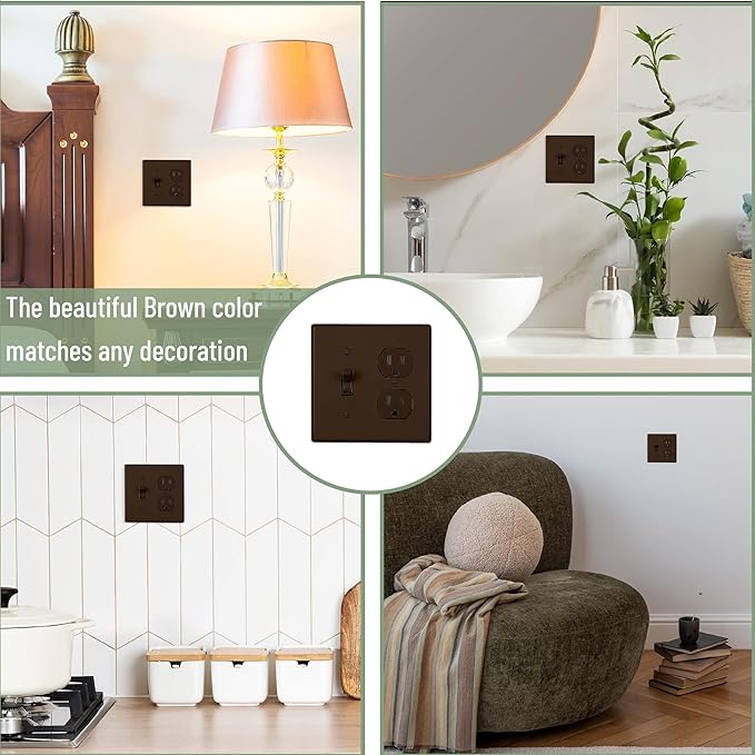 Bates- 2-Gang Combination Wall Plate, 4.5"x 4.57"/Standard Size, Brown, Toggle Light Switch/Duplex Receptacle Outlet, 2 Gang Wall Plate for Electrical Outlets, Double Outlet Cover Plate