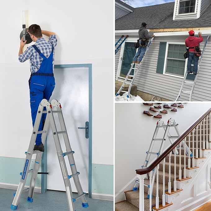 LUISLADDERS Ladder, A Frame Step Ladder Telescoping Ladder, Muti Position Folding Ladder Flared Leg & Wheels Design, 330 lbs Capacity Extension Ladder for Household Outdoor Work (13 FT)