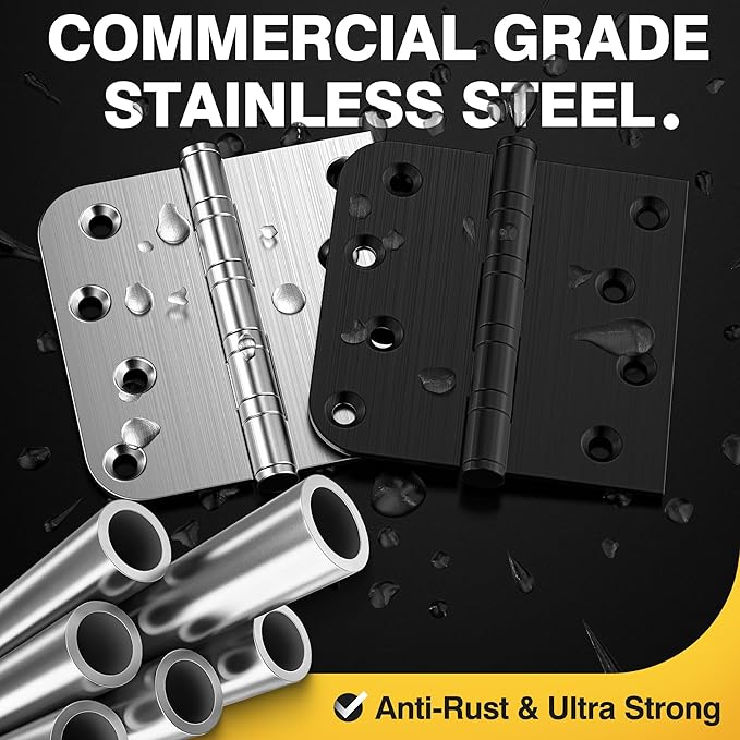 KOLET Ball Bearing Door Hinges, 4 x 4 Inches Door Hinges, Heavy Duty Stainless Steel Hinges, Square and 5/8'' Radius Corner, Smooth and Quiet, Non Removable Pin, Brushed Nickel, 6 Pack