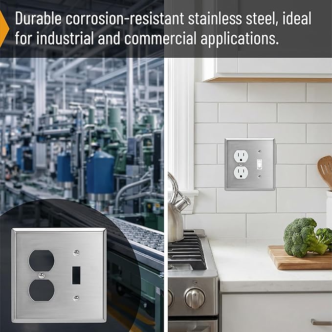 Bates- 2-Gang Combination Wall Plate, 4.88"x 4.92"/Mid-Size, Silver, Stainless Steel Toggle Light Switch/Duplex Receptacle Outlet, 2 Gang Wall Plate for Electrical Outlets, Double Outlet Cover Plate