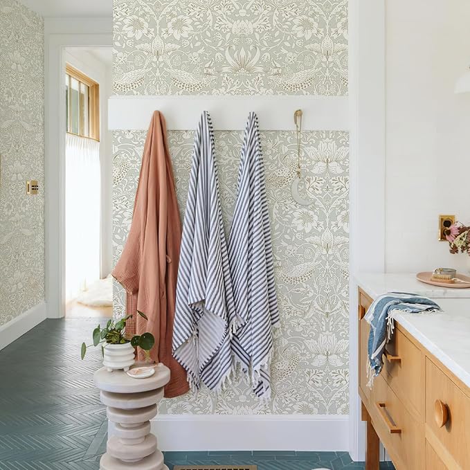 HueBurst William Morris Vintage Peel and Stick Wallpaper 17.7 x 1200in Grey Botanical Self Adhesive Removable Waterproof Contact Paper for Living Room Bedroom Cabinets Drawers Decor
